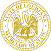 Secretary of State Seal is round with gold design on a white background with State of Louisiana on top half and Secretary of State on bottom half of circle.  Pelican is in middle.